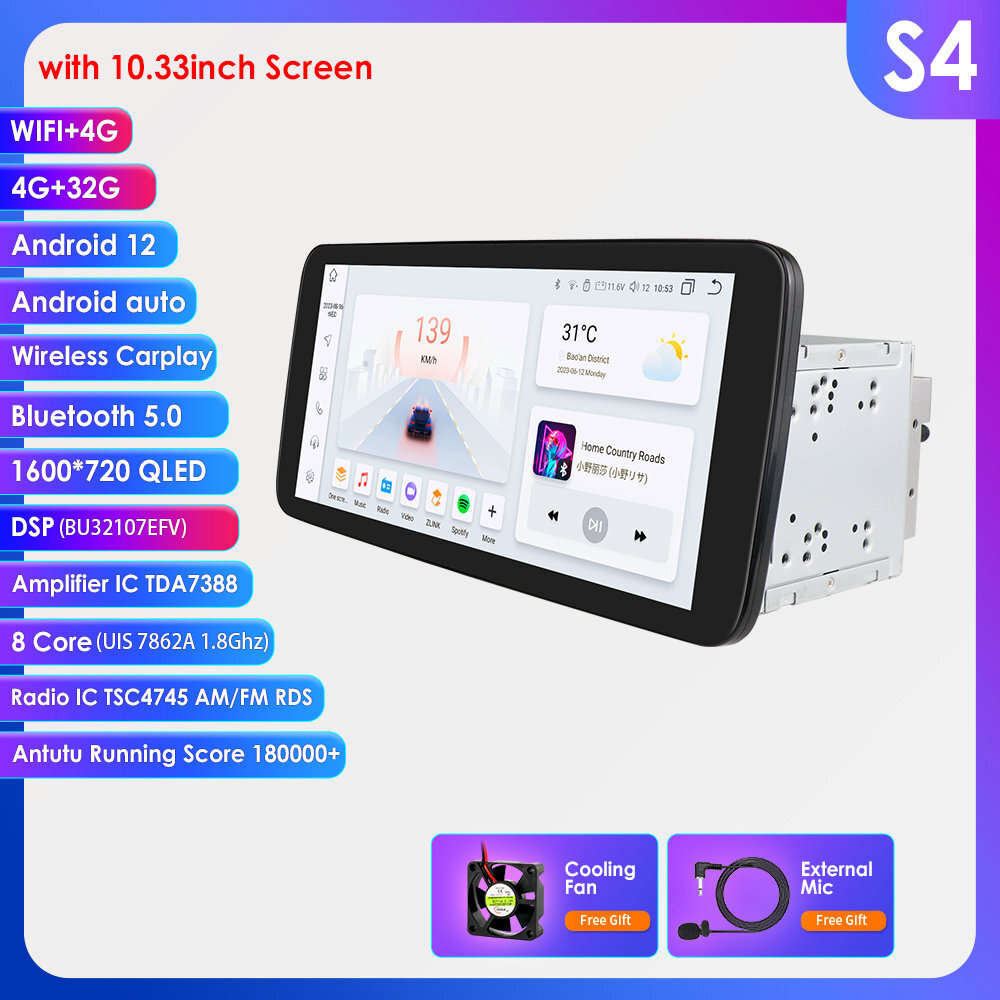 10.33" QLED Screen 2 DIN 4+32GB Android 12 CarPlay GPS Stereo Player WiFi BT DSP