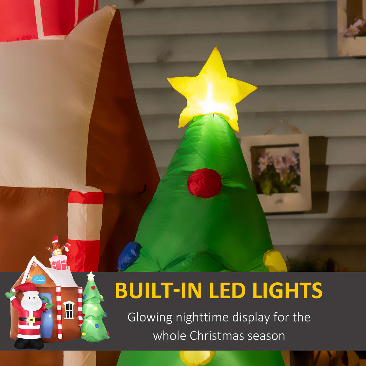 7FT Inflatable Christmas Gingerbread House Santa and Christmas Tree Decoration