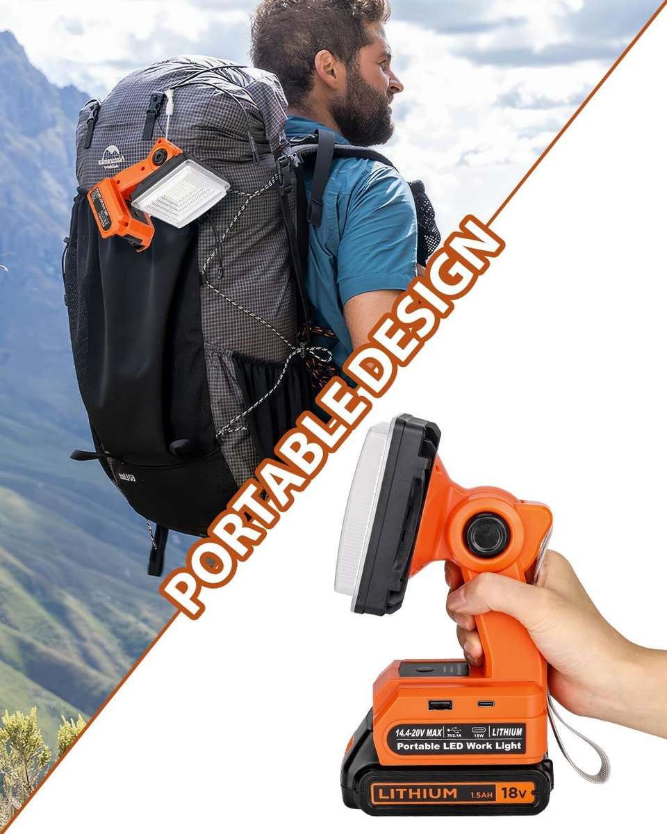 1500LM Cordless LED Work Light for Black&Decker 20v LED Floodlight USB Charging