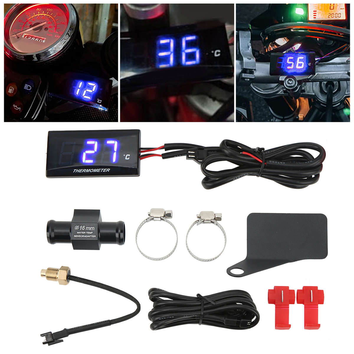 Car Universal Motorcycle DC12V LCD Screen Slim Water Temperature Gauge & 16mm
