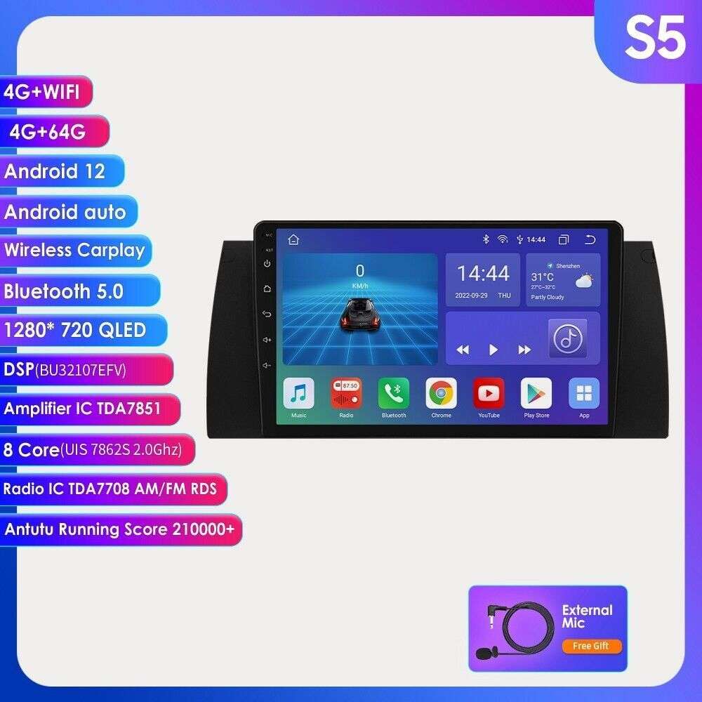 For BMW E39 X5 E53 9'' Car Stereo Android 12 Radio CarPlay Nav GPS DSP 4GB+64GB