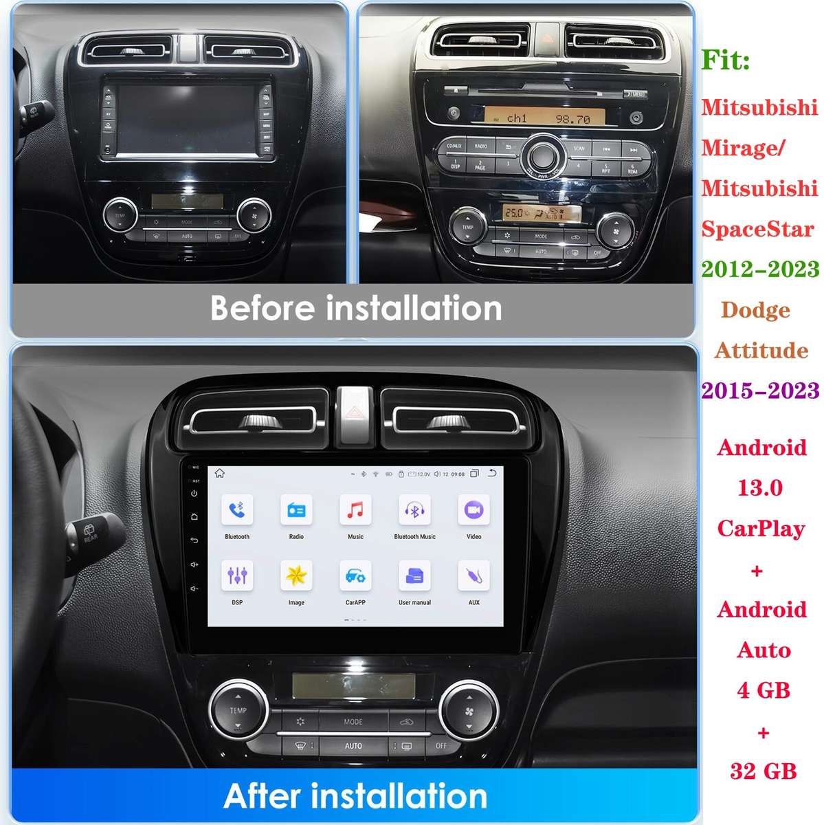 CarPlay 9" Android 12 Car Stereo WiFi GPS HeadUnit For Mitsubishi Mirage 2012-19