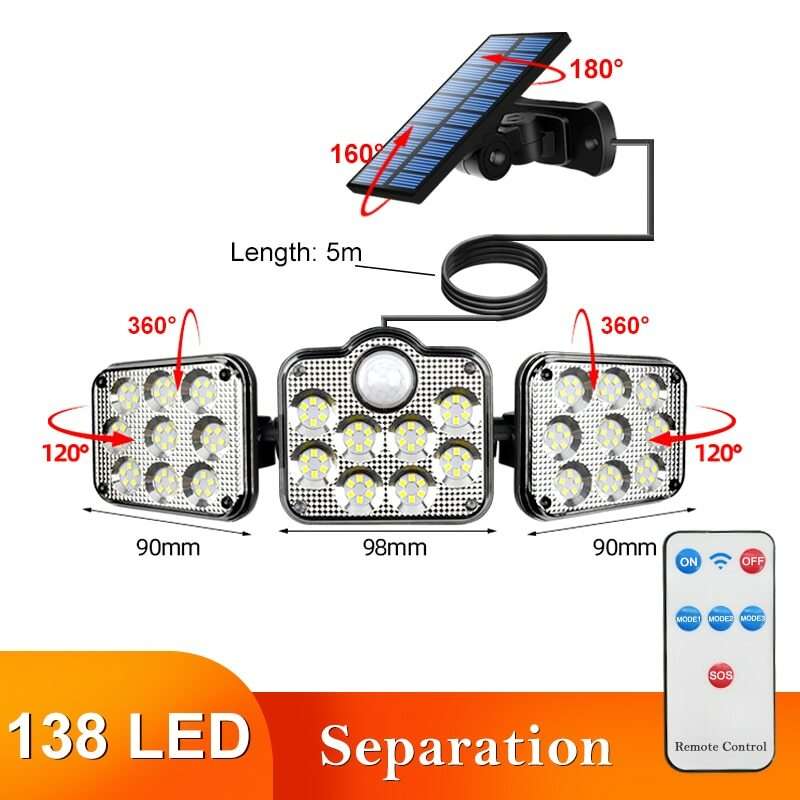 Solar LED Street Lamp Motion Sensor Remote Control Wall Flood Yard Outdoor Lamp Separation-122 SMD