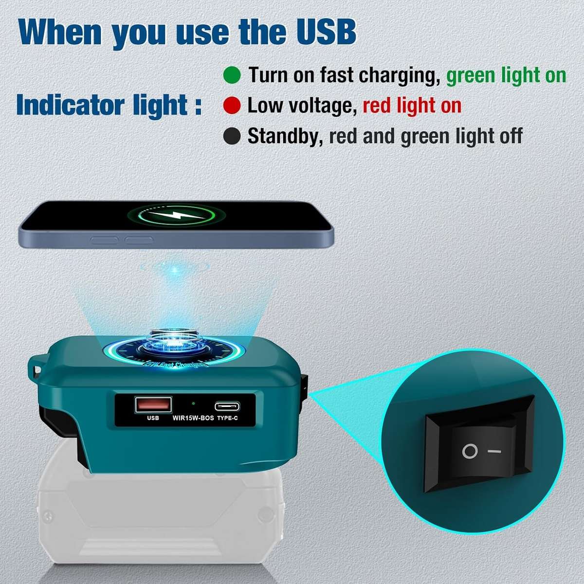 Wireless Charger Adapter for Bosch 18v GBA Battery 15W for Phone with Type C USB