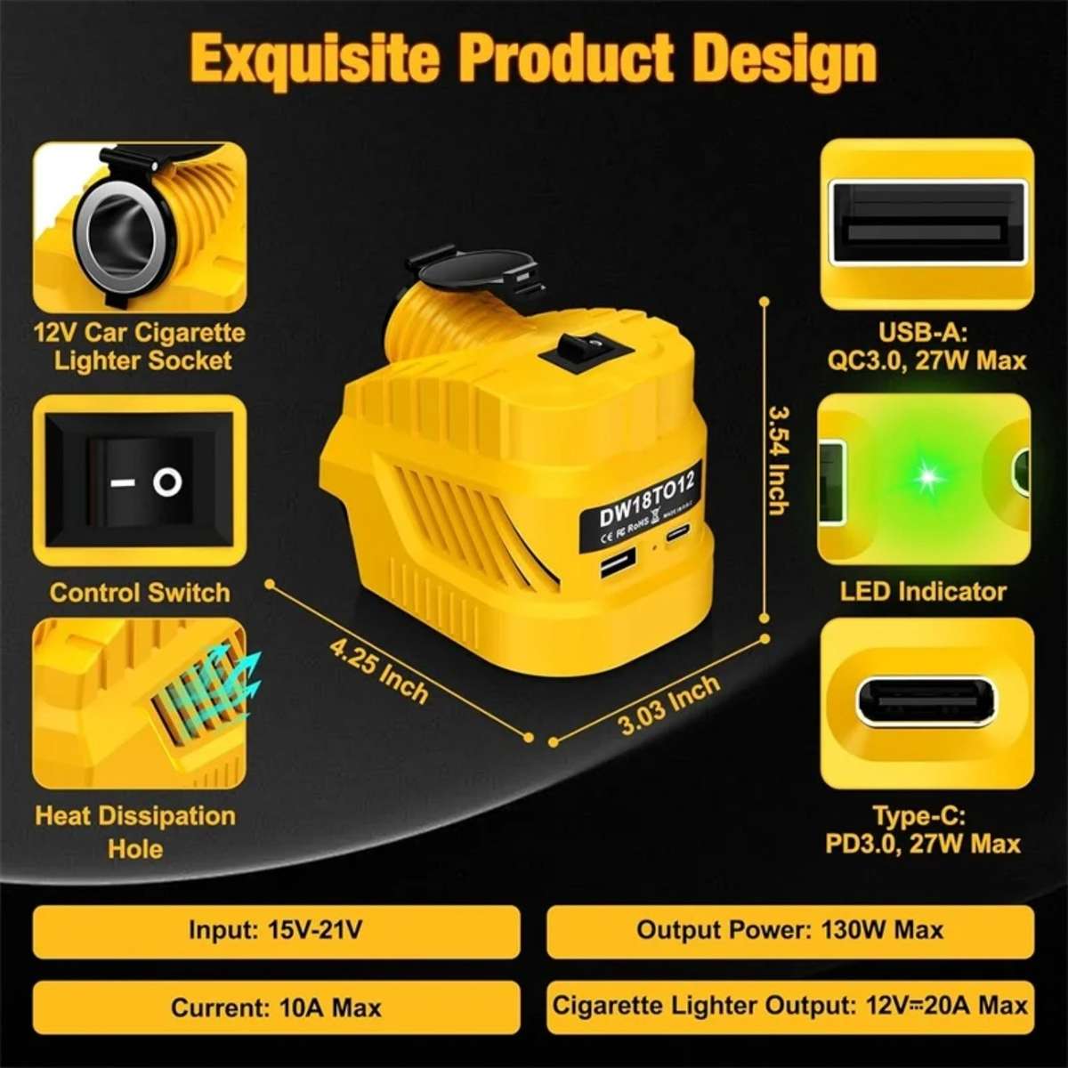 240W DC 12V Buck Converter Regulator Car Cigarette Lighter Power for Dewalt 20V