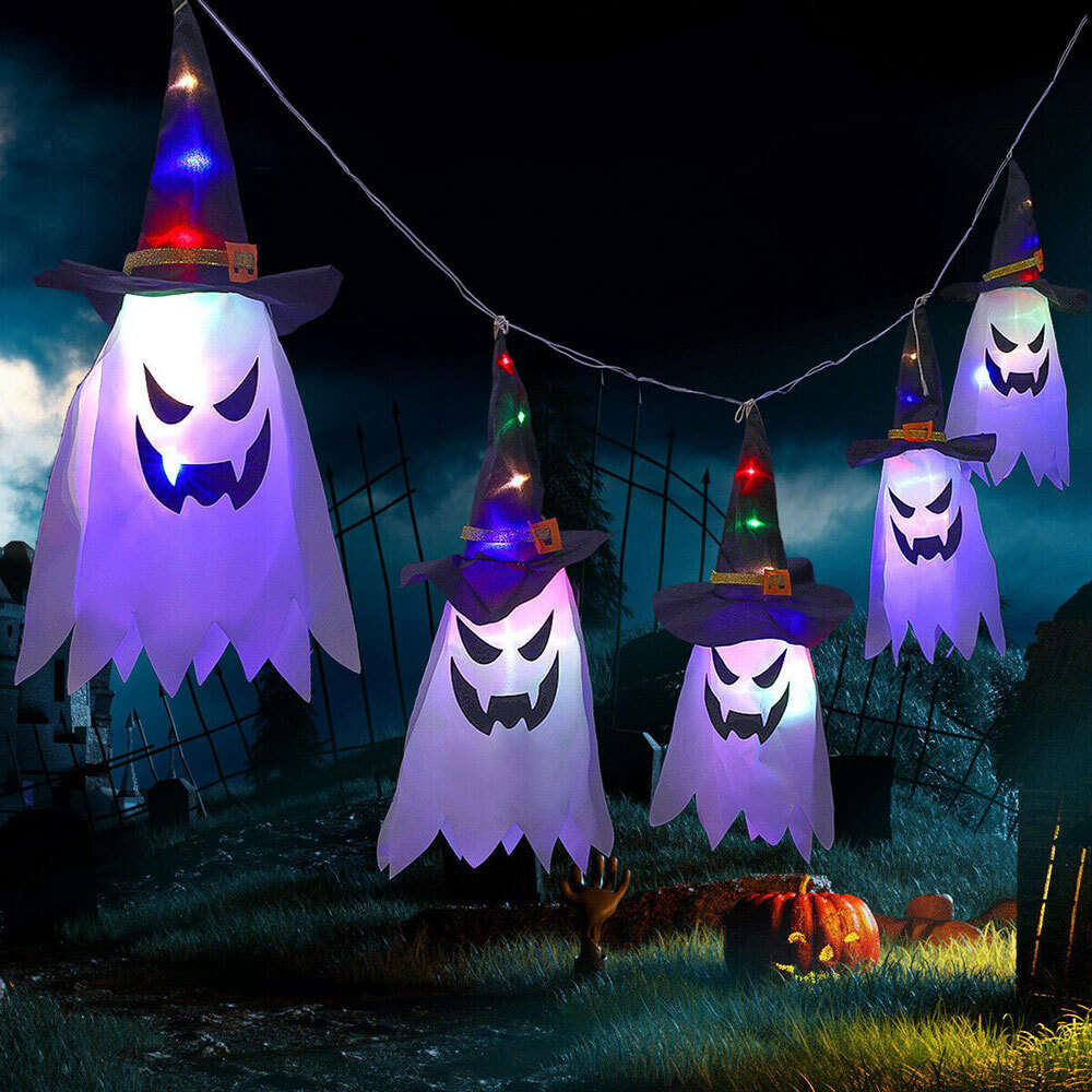 5 Pcs Lighted Hanging Witch Ghost String Hat Decoration Halloween Outdoor Indoor