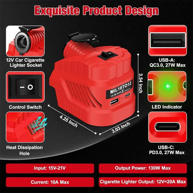 240W DC 12V Buck Converter Regulator Car Cigarette Lighter for Milwaukee 18V