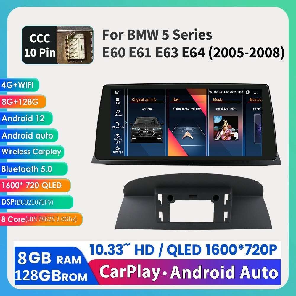 8+128GB Android 12 Stereo 10.33"For BMW 5 Series E60 E61 CarPlay Radio GPS Navi