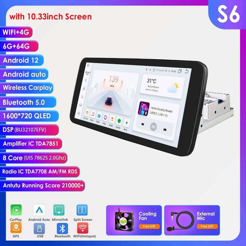 Single DIN Rotatable 10.3" Android 12 QLED Screen Car Stereo Radio 6+64GB GPS BT