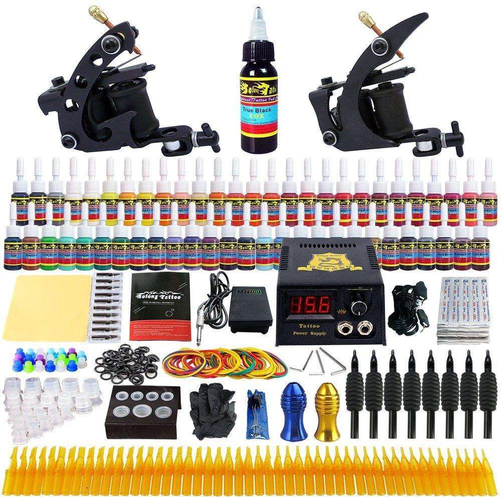 Solong Tattoo® Complete Tattoo Kit 2 Pro Machine Guns 54 Inks Power Supply Foot Pedal Needles Grips