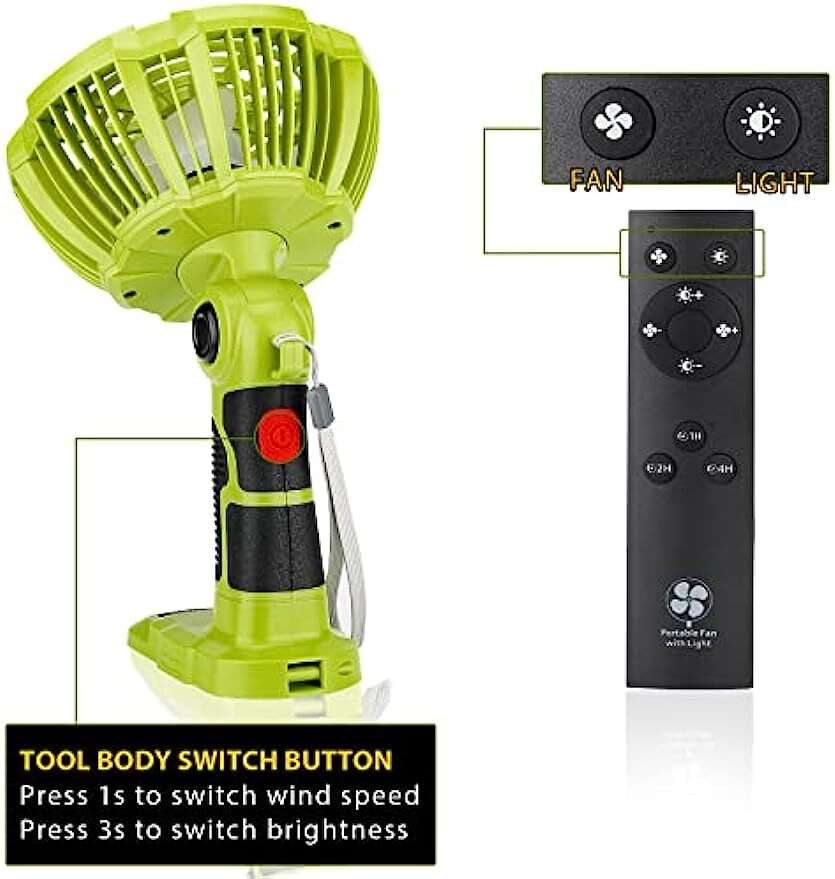 Camping Fan Cordless Fan For Ryobi 18V Battery Fan Portable With Light Remote