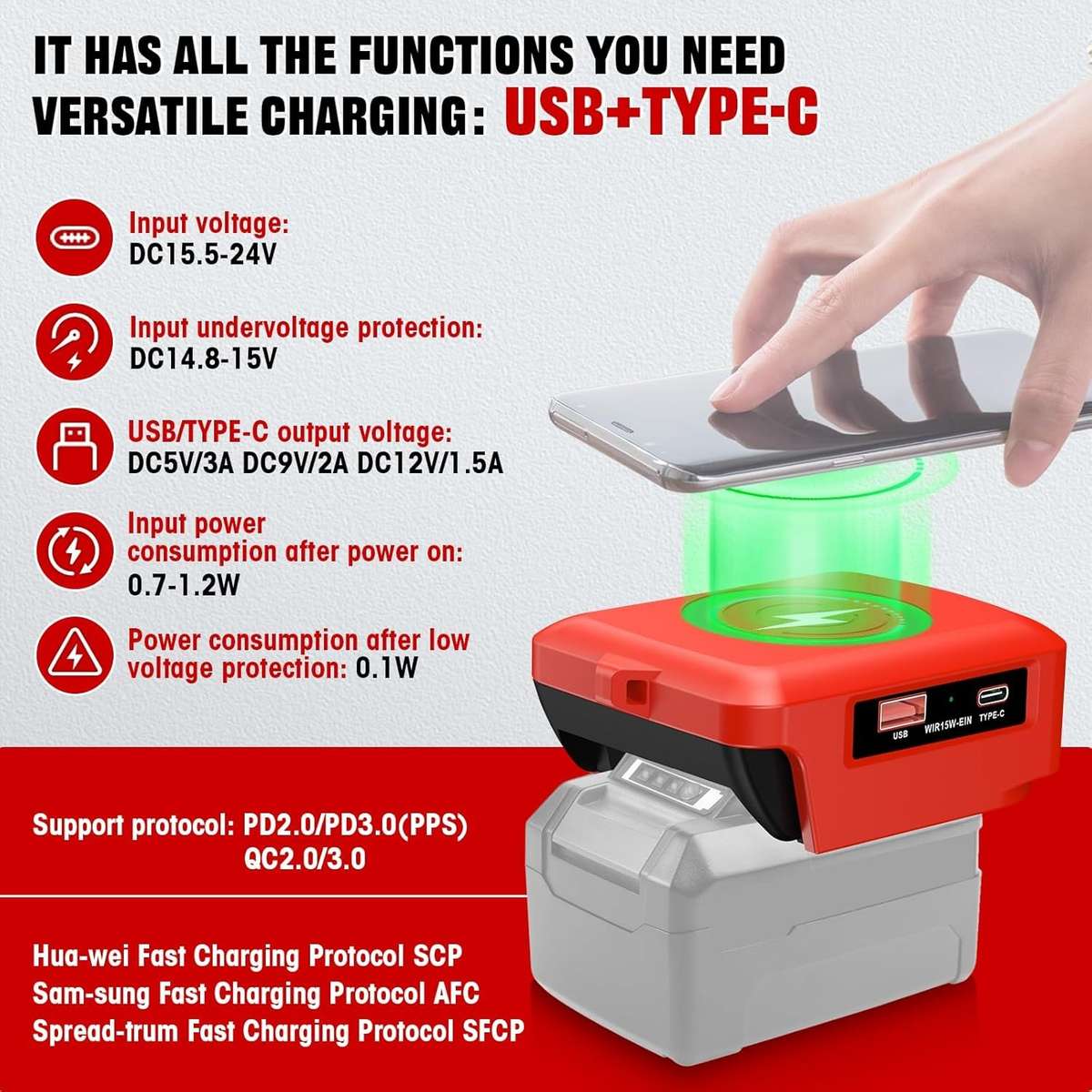 Wireless Charger Adapter for Einhell 18v Battery 15W for Phone with Type C USB