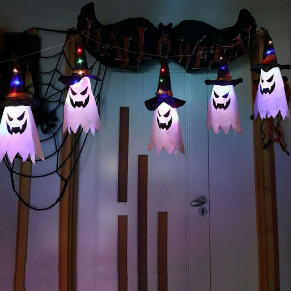 5 Pcs Lighted Hanging Witch Ghost String Hat Decoration Halloween Outdoor Indoor