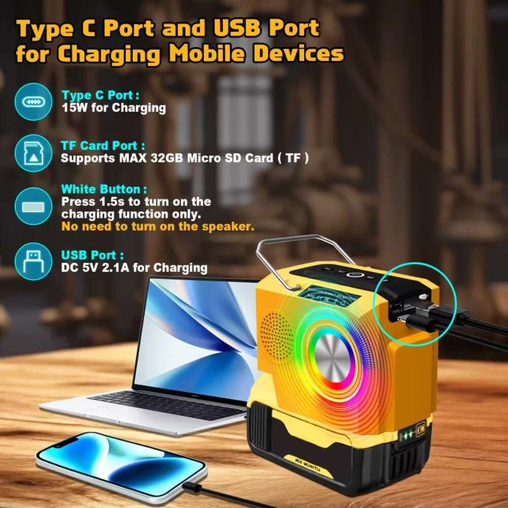 Portable Speaker Bluetooth Player Loudspeaker For Dewalt 18V 20V Li-ion Battery