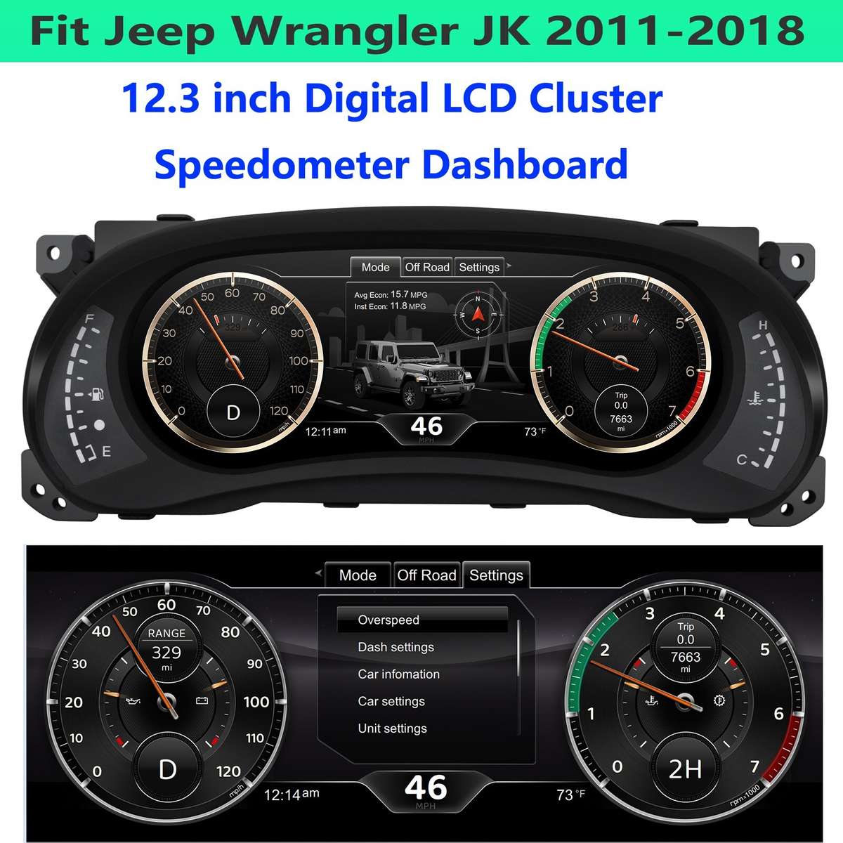 12.3" Display For Jeep Wrangler 2011-2017 Digital Cluster Instrument Speedometer