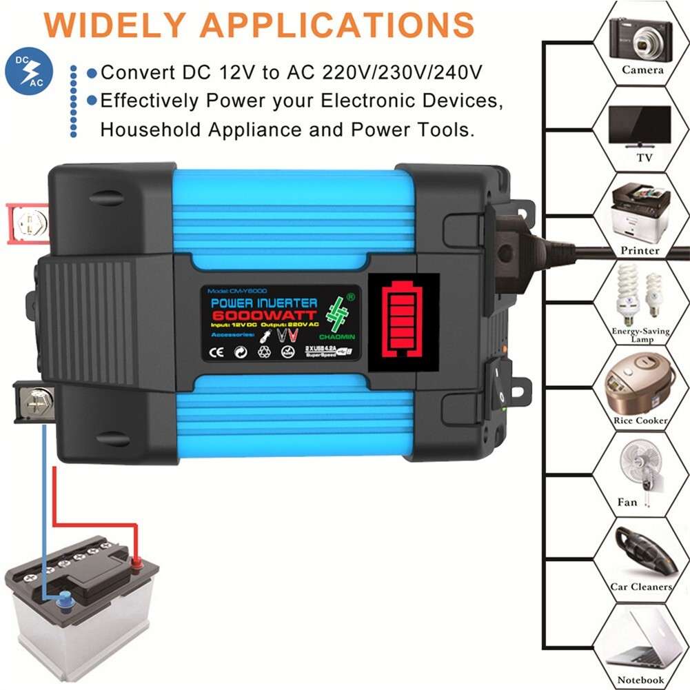 4000W Car Power Inverter DC12V To AC220V Pure Sine/Wave 2USB LCD Display