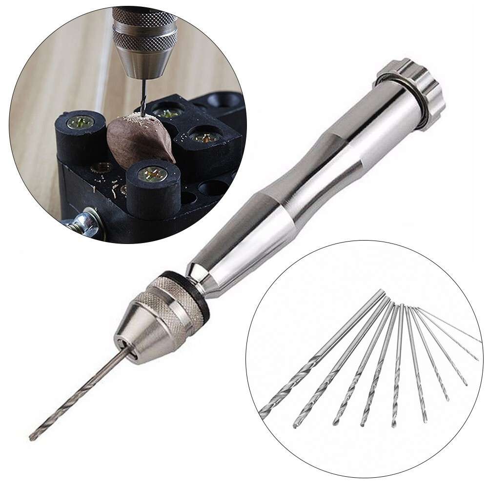 Aluminum Silver Pin Vise Hand Push Drill Chuck For Jewelry Tool&10PCS Micro Bits