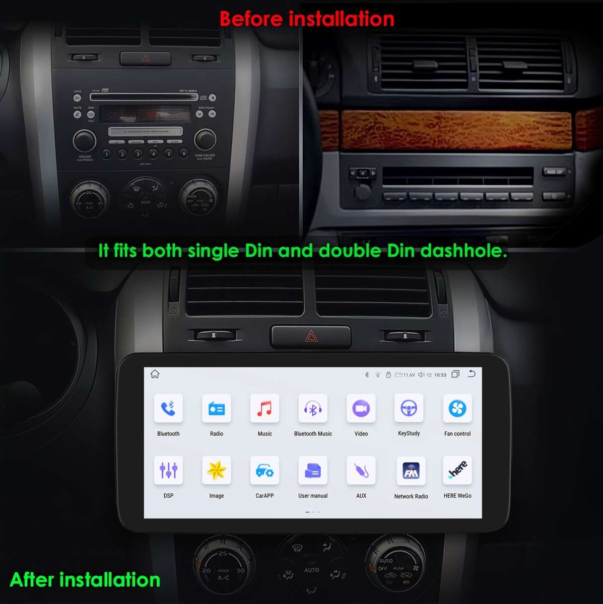 Single DIN Rotatable 10.3" Android 12 QLED Screen Car Stereo Radio 6+64GB GPS BT
