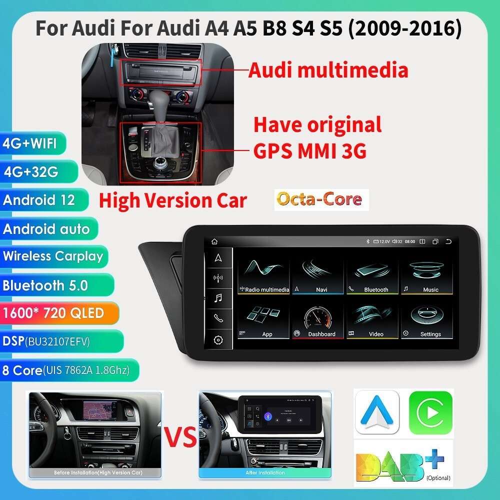 10.25" TouchScreen Carplay for AUDI A4 A5 2009-2016 Headunit Radio BT Android 13