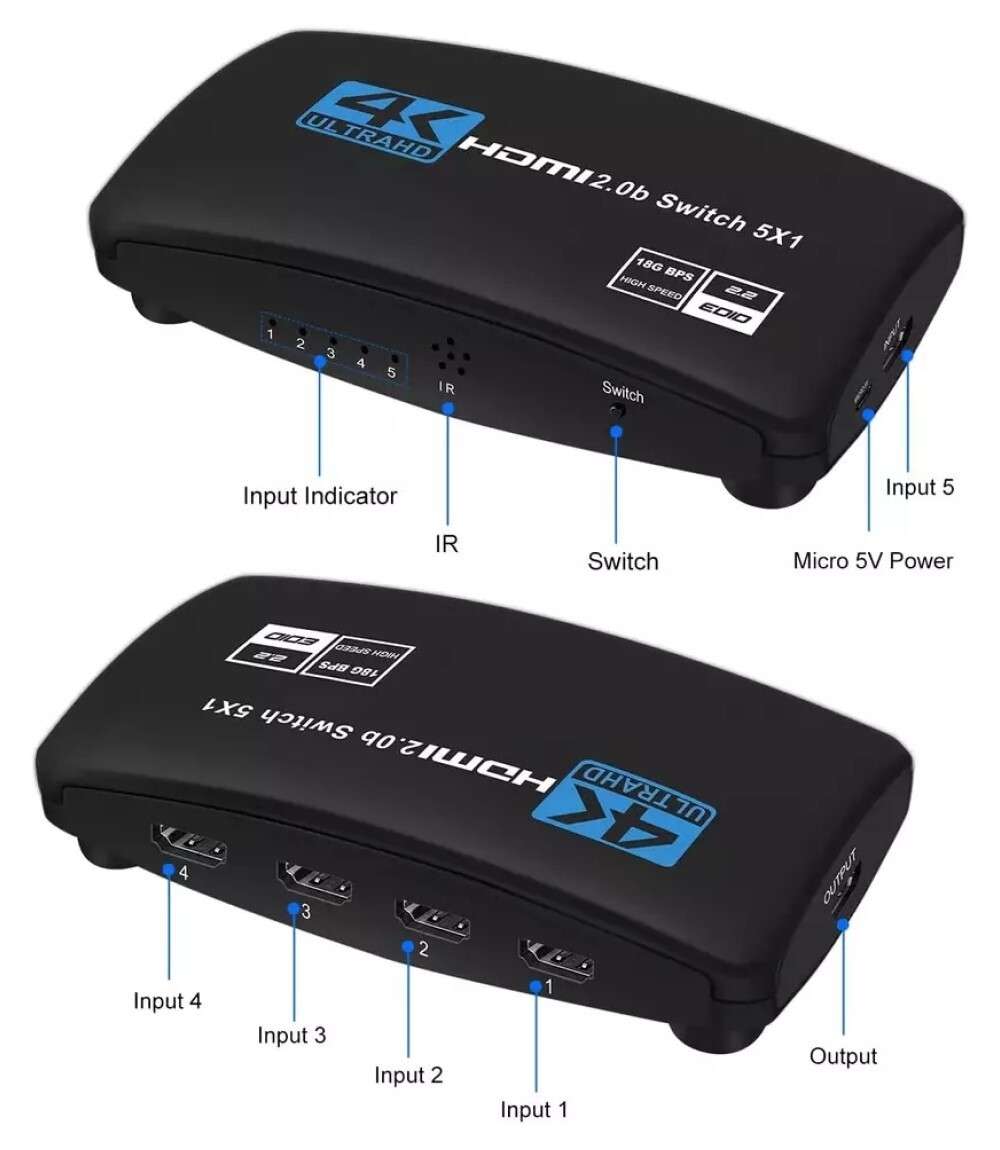 4K Ultra HD 5 Port HDMI 2.0 Splitter for TV Console with Remote Control