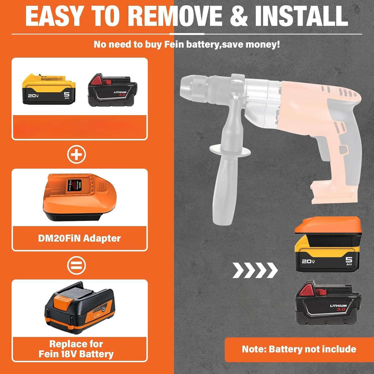 Adapter for Fein 18V Tools for Dewalt 20V Battery to for Fein 18V Cordless Tool