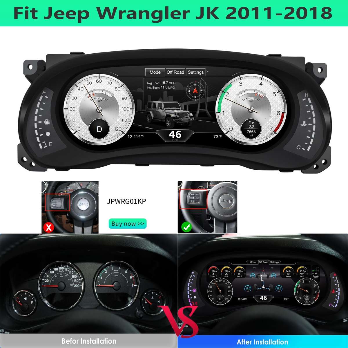 12.3" Display For Jeep Wrangler 2011-2017 Digital Cluster Instrument Speedometer