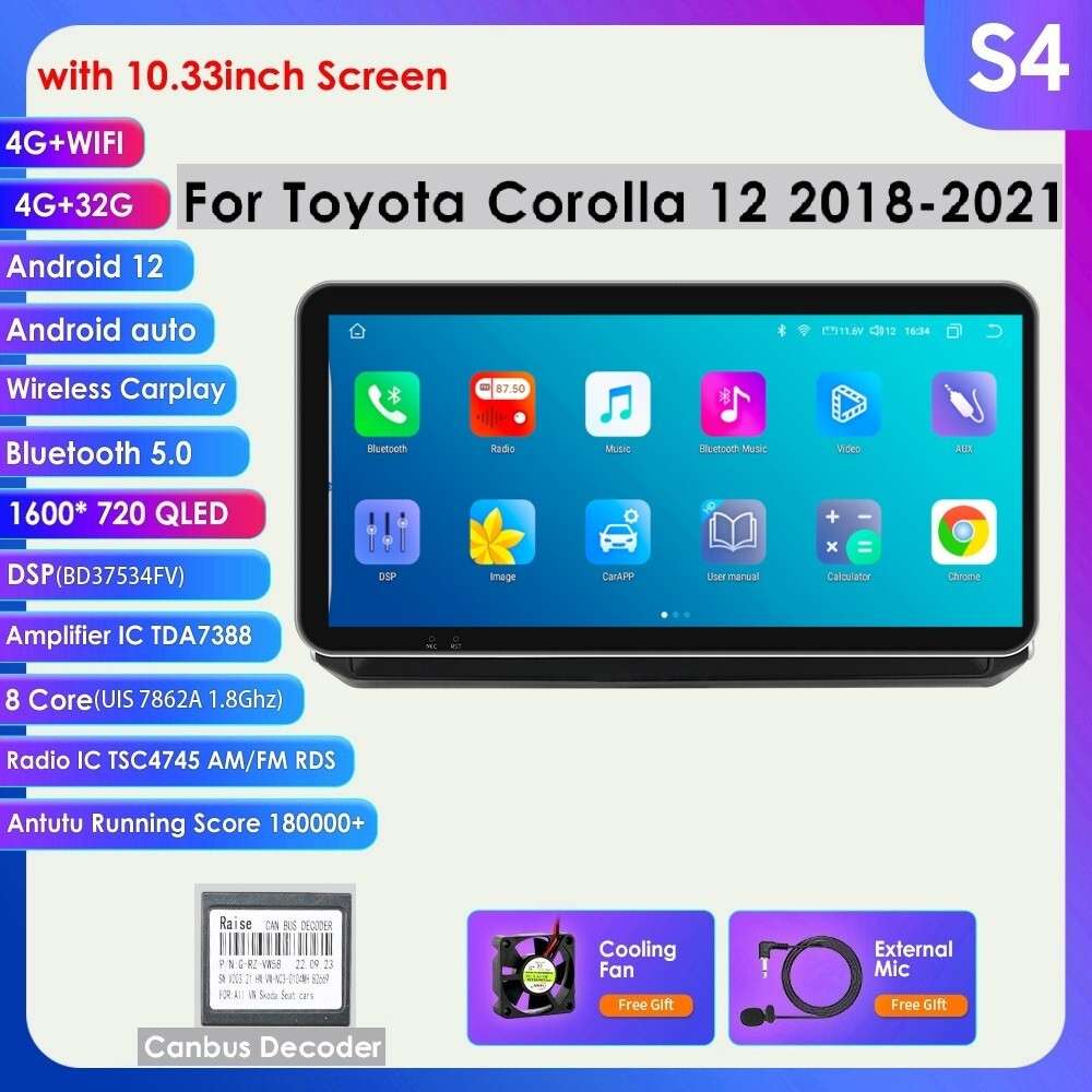 10.33"Android 12 CarPlay Stereo BT GPS Radio Player For Toyota Corolla 2018-2021