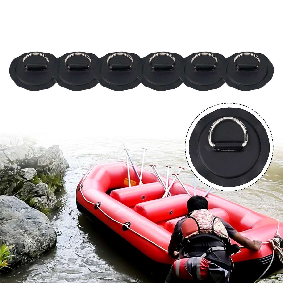 6pcs Black Stainless Steel D-Ring Patch For Inflatable Boat for KAYAK Dinghy