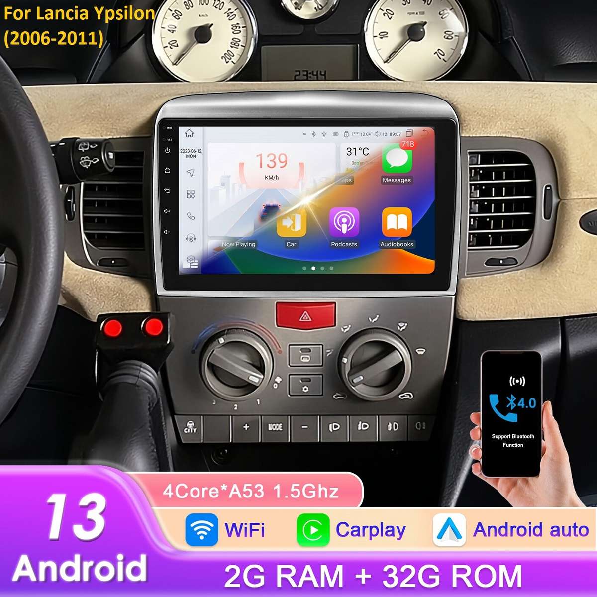 For Lancia Ypsilon 2006-2011 Android13 Car Stereo Radio Carplay GPS Headunit RDS