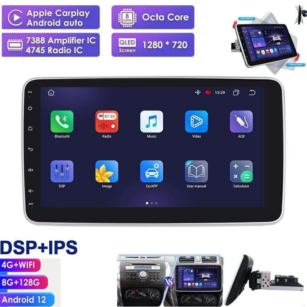 Single 1DIN Rotatable 10.1''Android 12 Touch Screen CarPlay Radio GPS WIFI 128GB