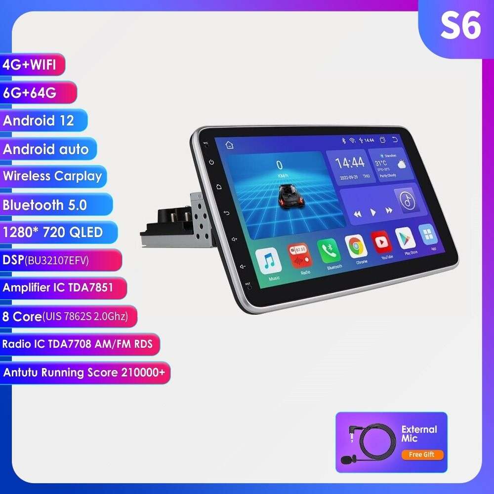 64GB Single DIN 10.1" Android 12 Rotatable Car Stereo Radio Carplay GPS Headunit