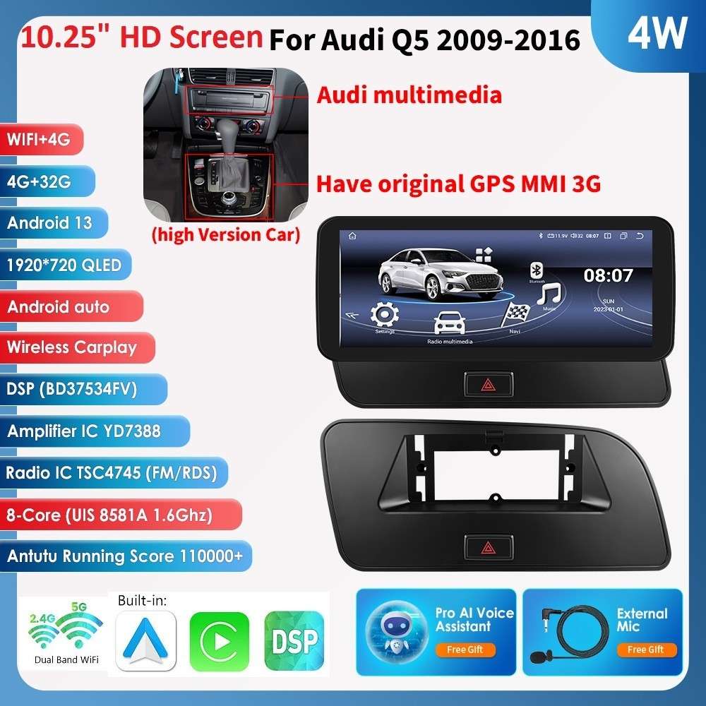 Carplay Radio Stereo 8Core 10.25''Android 13 GPS Navi For Audi Q5 2009-2016 High