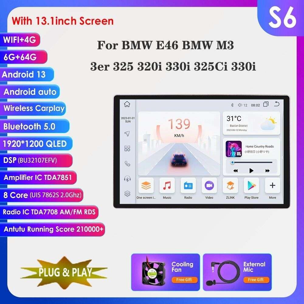 13.1" Screen Android 13 For BMW 3 Series E46 1998-2006 Car GPS Radio Stereo Navi