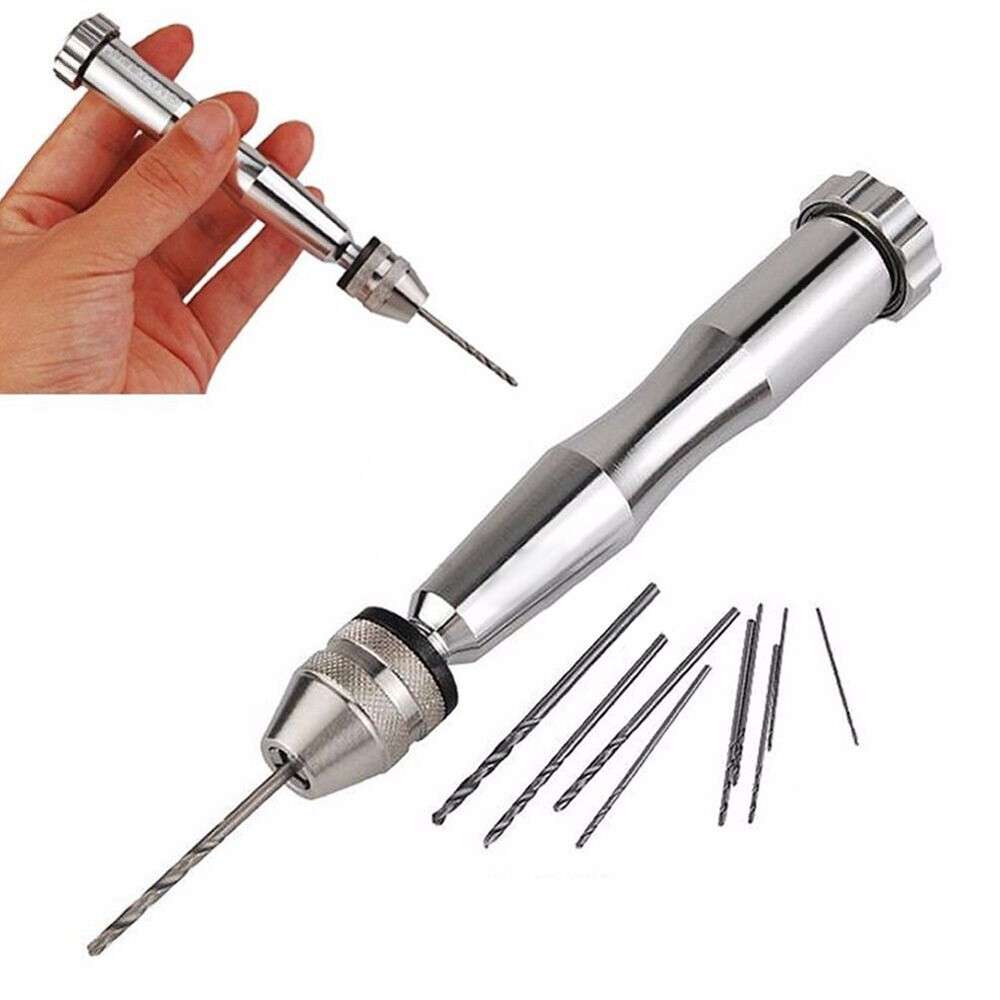Aluminum Silver Pin Vise Hand Push Drill Chuck For Jewelry Tool&10PCS Micro Bits