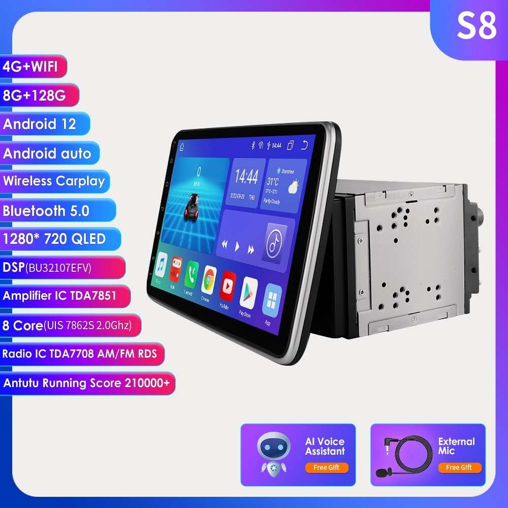 2DIN 10.1" Rotatable 8+128GB Android 12 CarPlay Car Stereo GPS Radio RDS WiFi BT