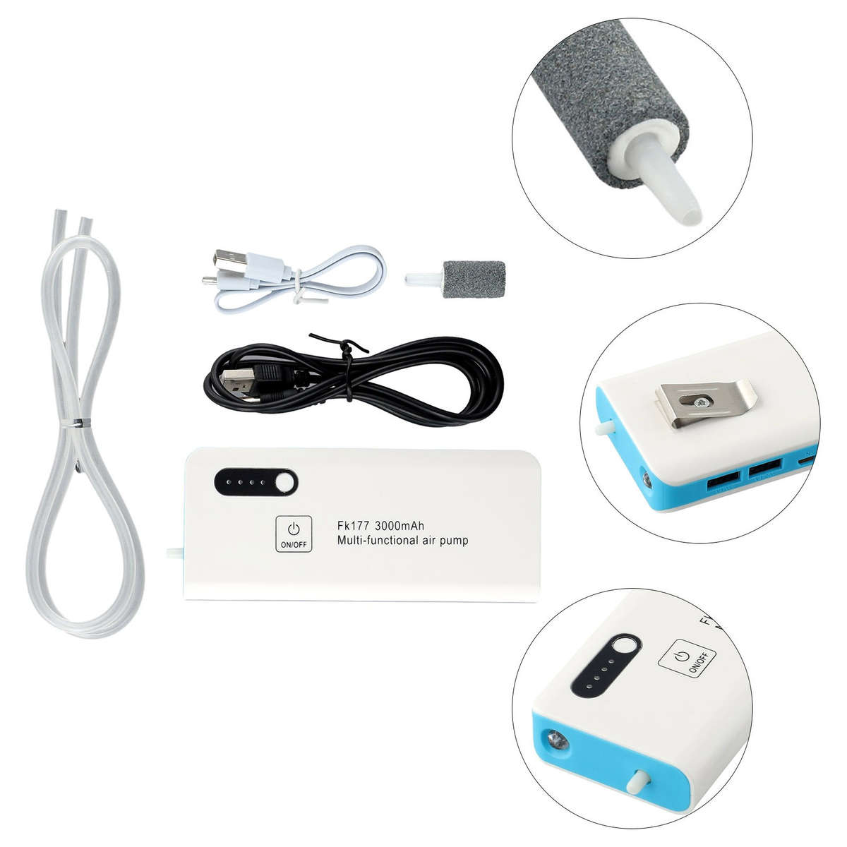 Oxygenated Aerator For Live Bait Bucket With Adjustable Clip And USB Port