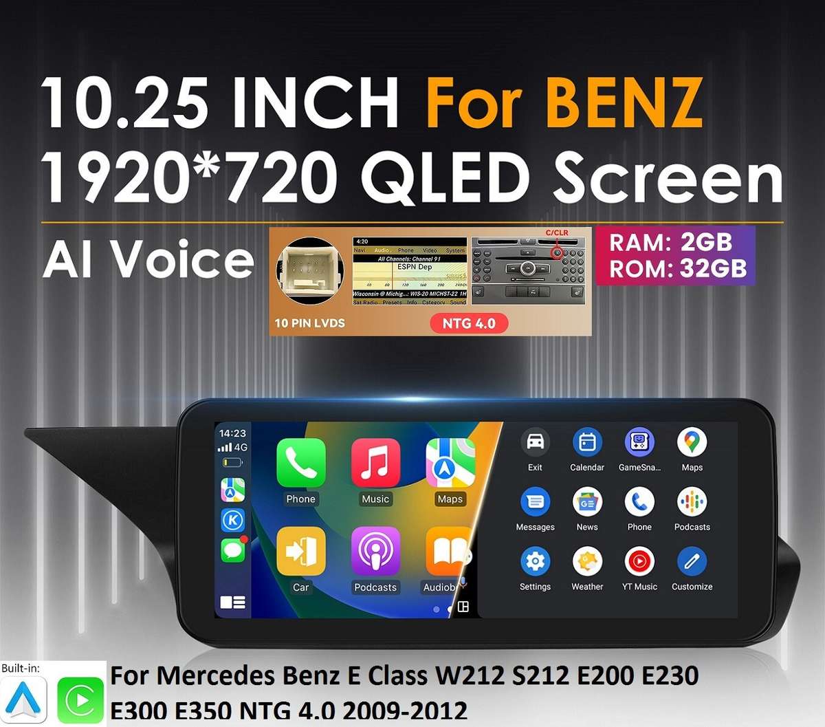 Carplay GPS Radio 10.25" Android13 For Benz E-Class W212 E300 E350 NTG4 2009-12