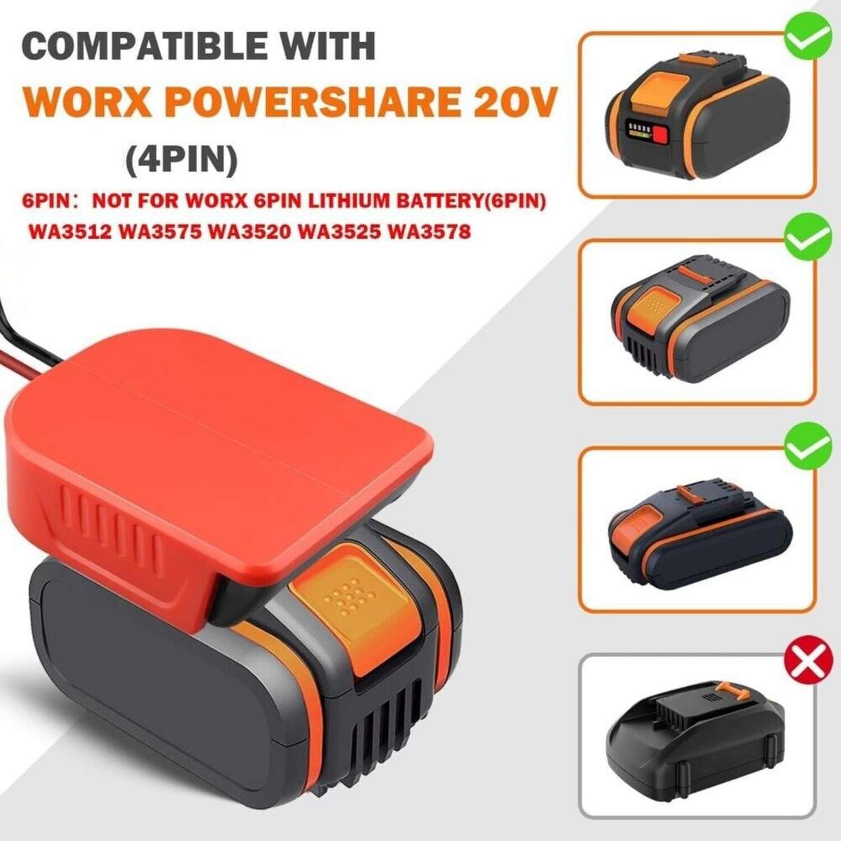 Adapter For Worx 20V 4PIN with 6FT Jumper Cable Car Battery Charger Jump Starter