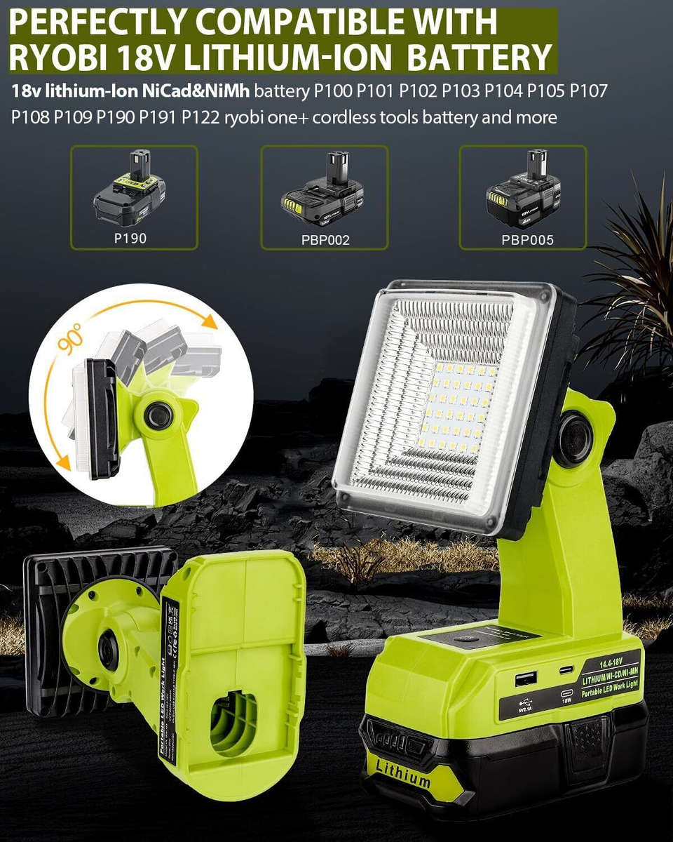 Cordless LED Work Light for Ryobi 18V Battery 15W LED Floodlight Emergency Lamp