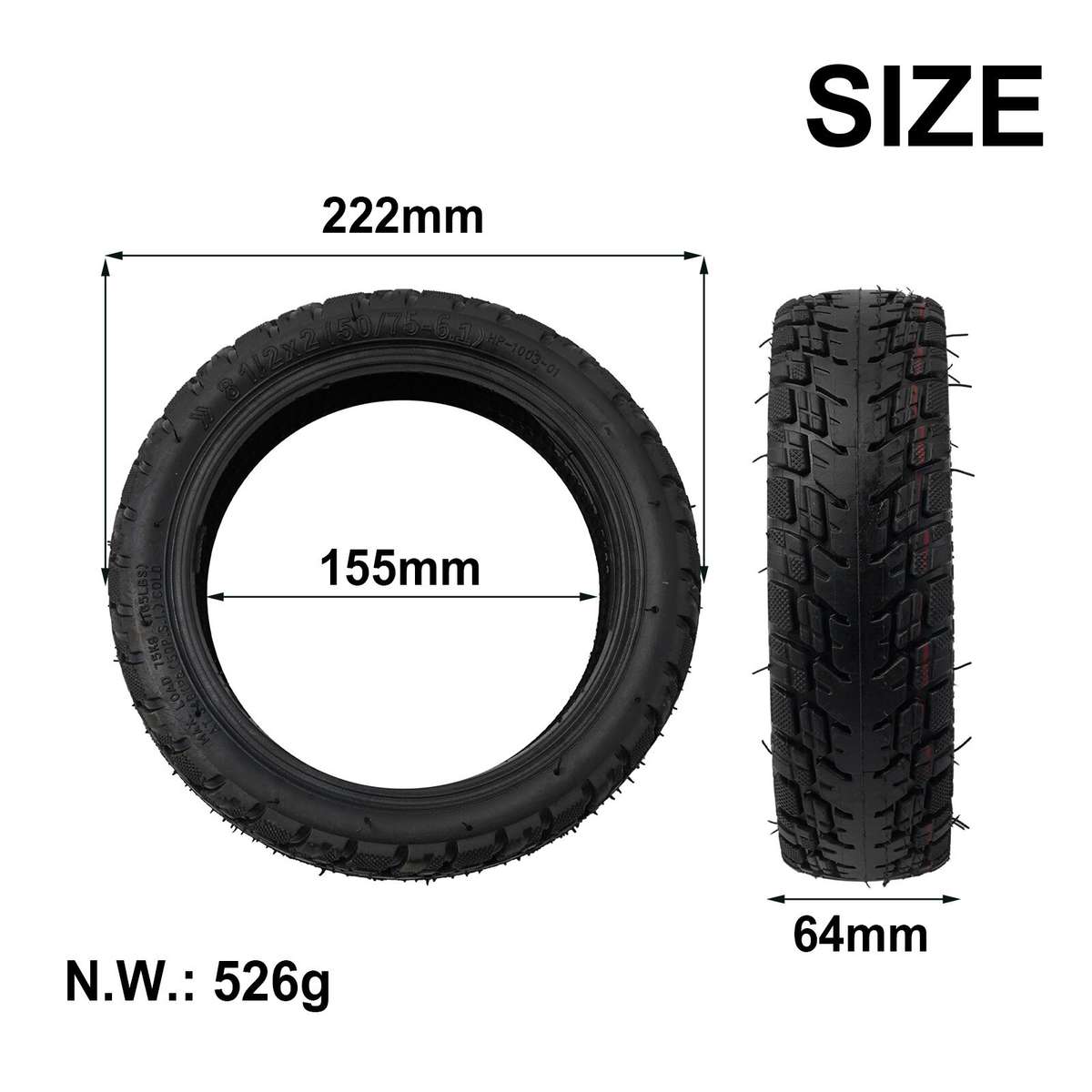 8 1/2*2 Electric Scooter Tire 50/75-6.1 Off-road Tubeless Tyre For