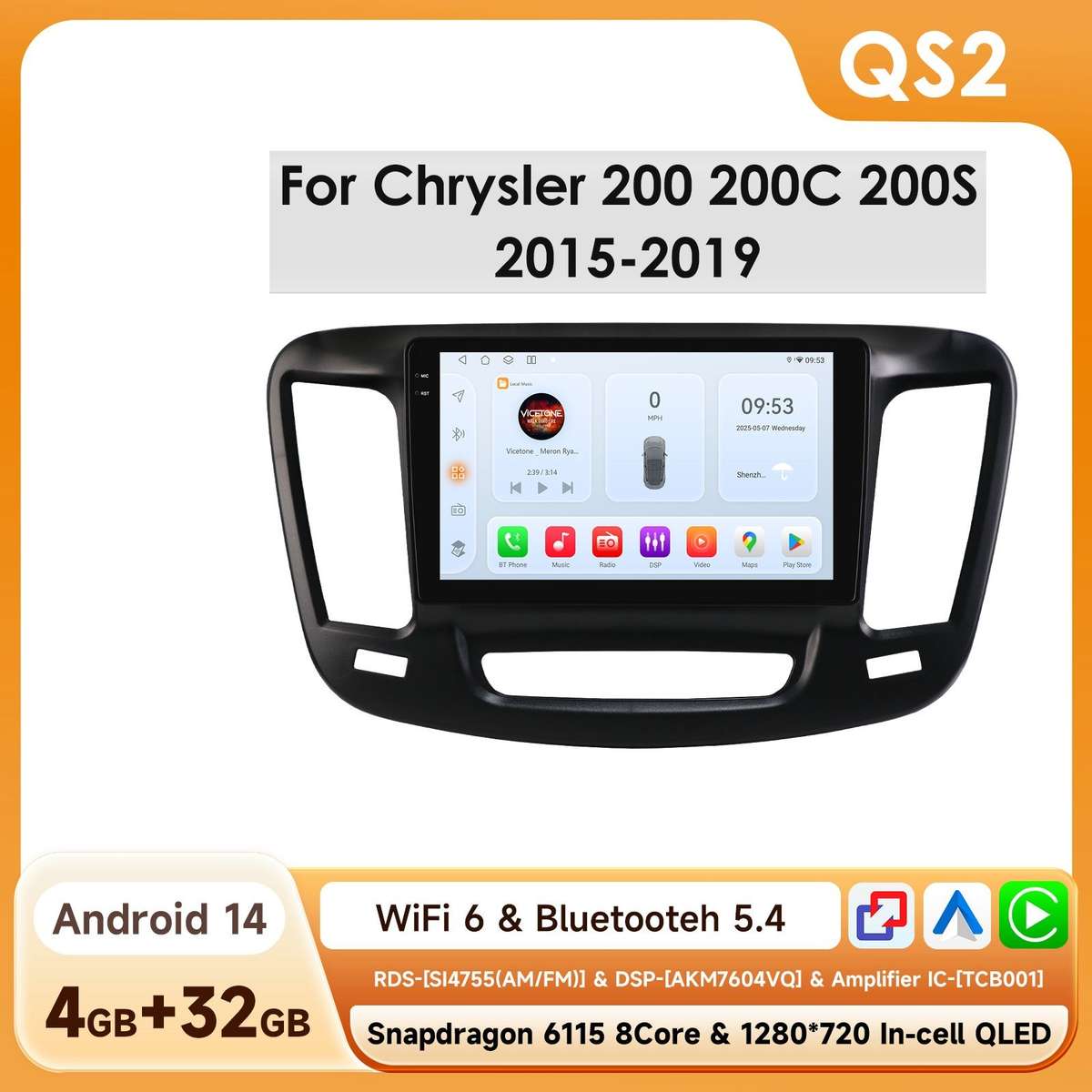 8Core Android14 For Chrysler 200 200C 200S 15-19 Carplay Stereo Radio GPS 4+32GB
