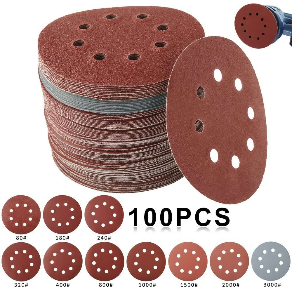 100pcs 5in 125mm Sandpaper Sanding Discs Hook Loop Sanding Paper Buffing Sheet