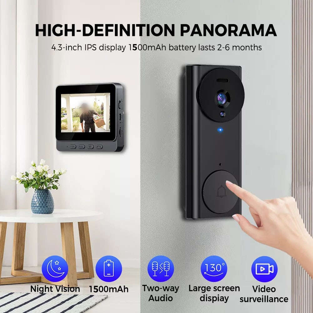 Rechargeable Wireless Video Doorbell With 4.3 Inch Display And Snapshot Feature
