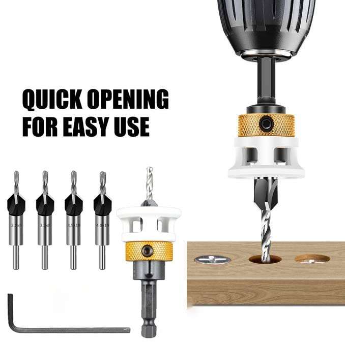 Complete Countersink Bit Set With Interchangeable Sizes And Depth Stop