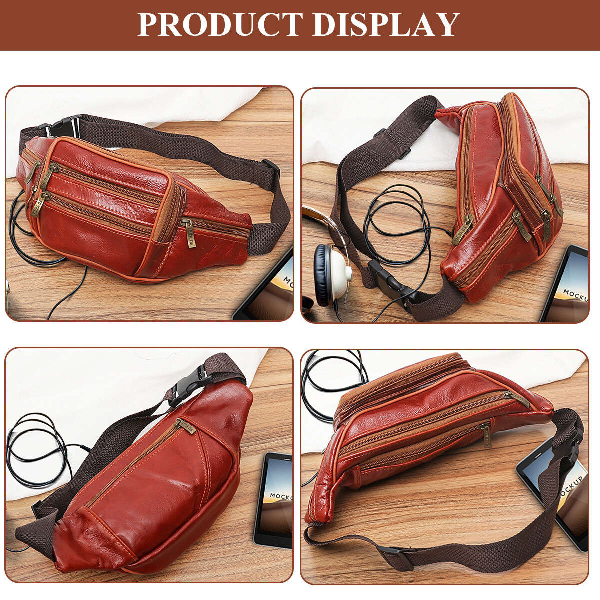 Leather Mens First Layer Cowhide Mobile Phone Pockets Waist Fanny Bag Pouch j