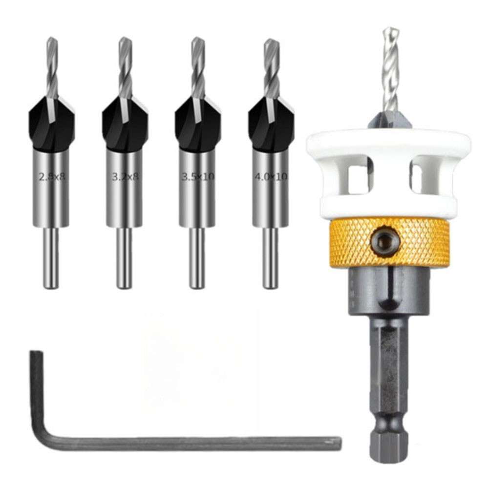 Complete Countersink Bit Set With Interchangeable Sizes And Depth Stop