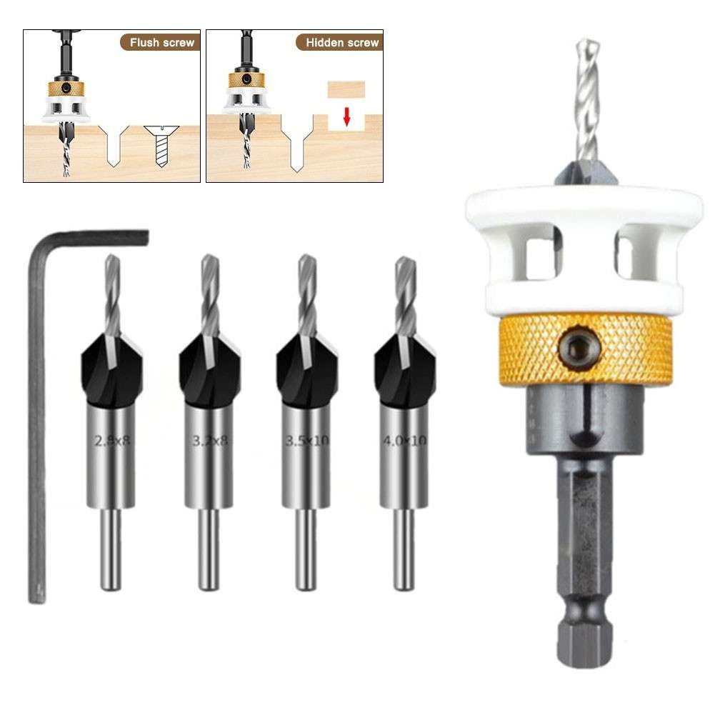 Complete Countersink Bit Set With Interchangeable Sizes And Depth Stop