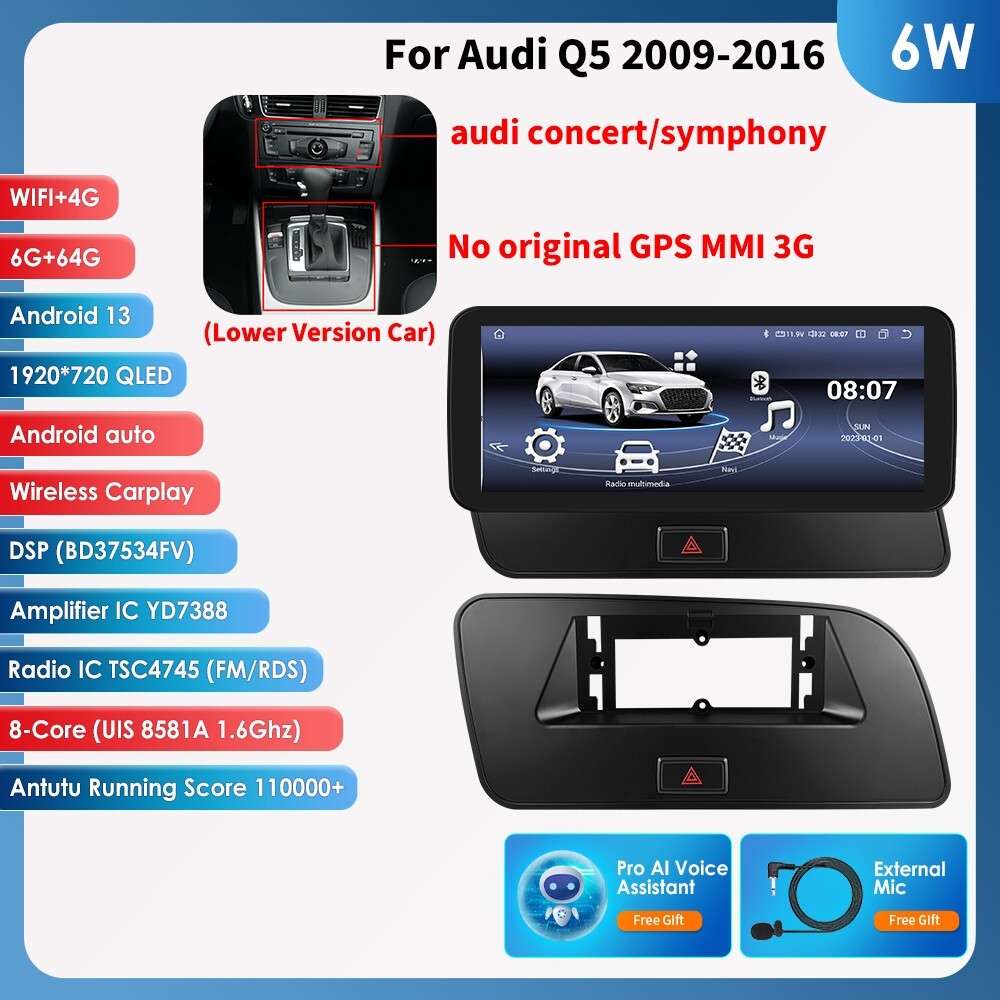 10.25" For Audi Q5 2009-2016 Low Android 13 Carplay Car Stereo GPS Navi BT 6+64G