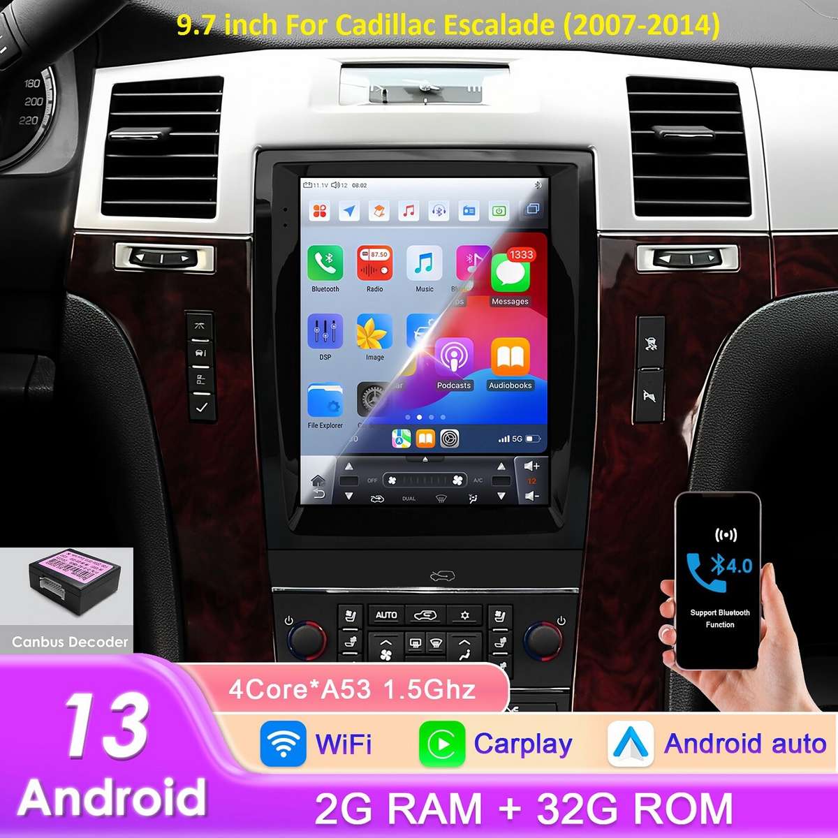 For Cadillac Escalade 2007-14 9.7" TouchScreen Android 13 Car Radio GPS Carplay