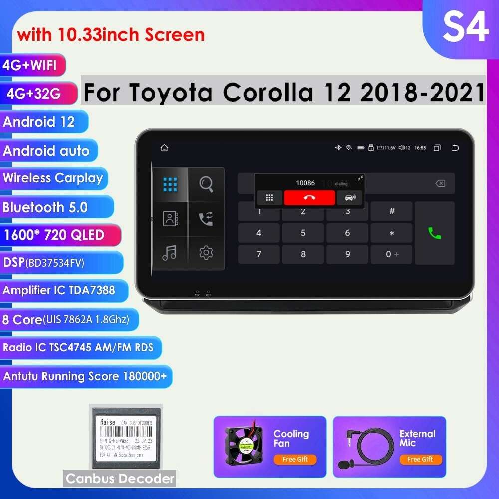 10.33"Android 12 CarPlay Stereo BT GPS Radio Player For Toyota Corolla 2018-2021